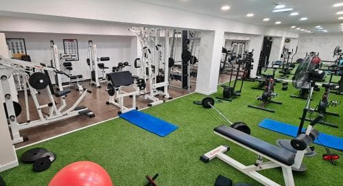 A well-lit indoor gym features various exercise equipment on artificial turf flooring, creating an inviting atmosphere for fitness enthusiasts seeking a comprehensive workout space.