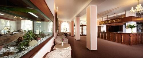 A cozy hotel lobby features plush seating, indoor greenery, and a warmly lit reception desk, creating an inviting atmosphere ideal for travelers seeking relaxation and comfort.