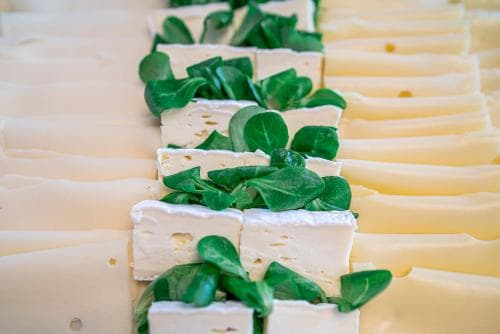 A beautifully arranged table features rows of creamy cheese garnished with fresh green leaves, creating an elegant and inviting atmosphere perfect for a gourmet dining experience or culinary event.