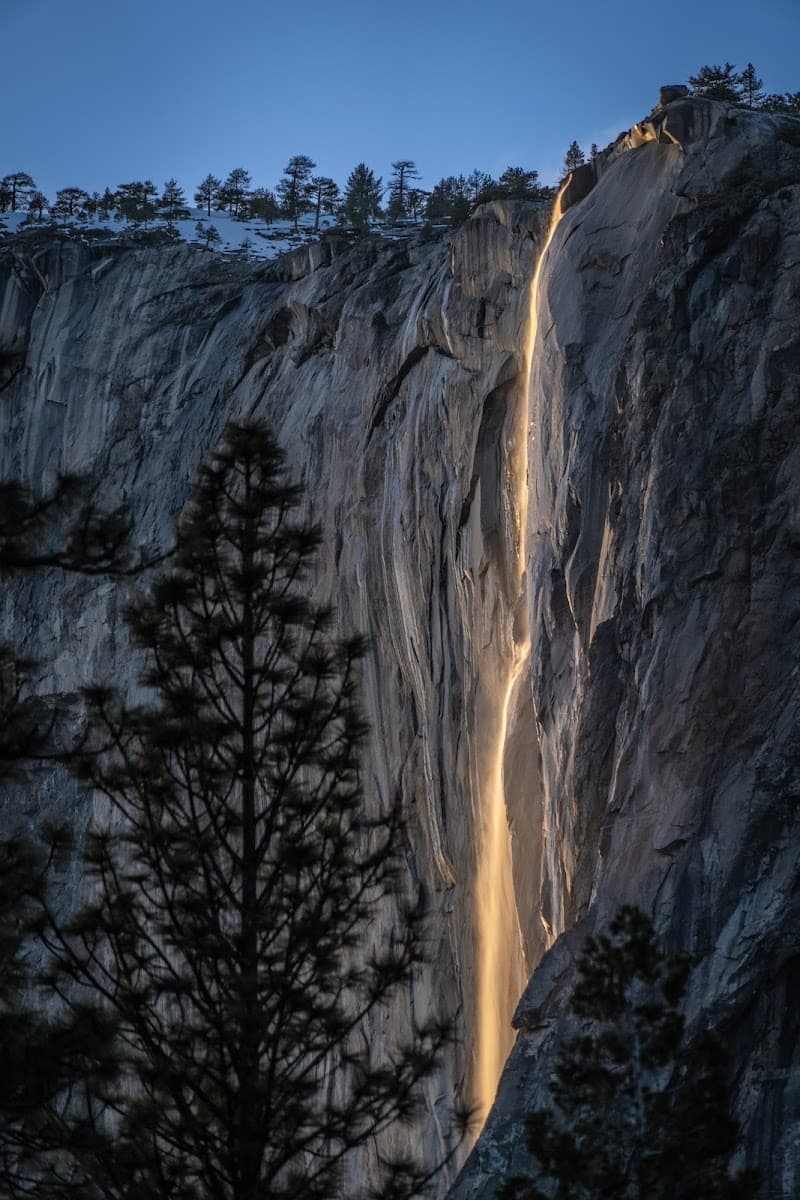 A breathtaking view of Yosemite's Horsetail Fall glowing like lava against the twilight sky, framed by evergreen trees, offers an awe-inspiring natural spectacle ideal for adventure seekers visiting Yosemite National Park.
