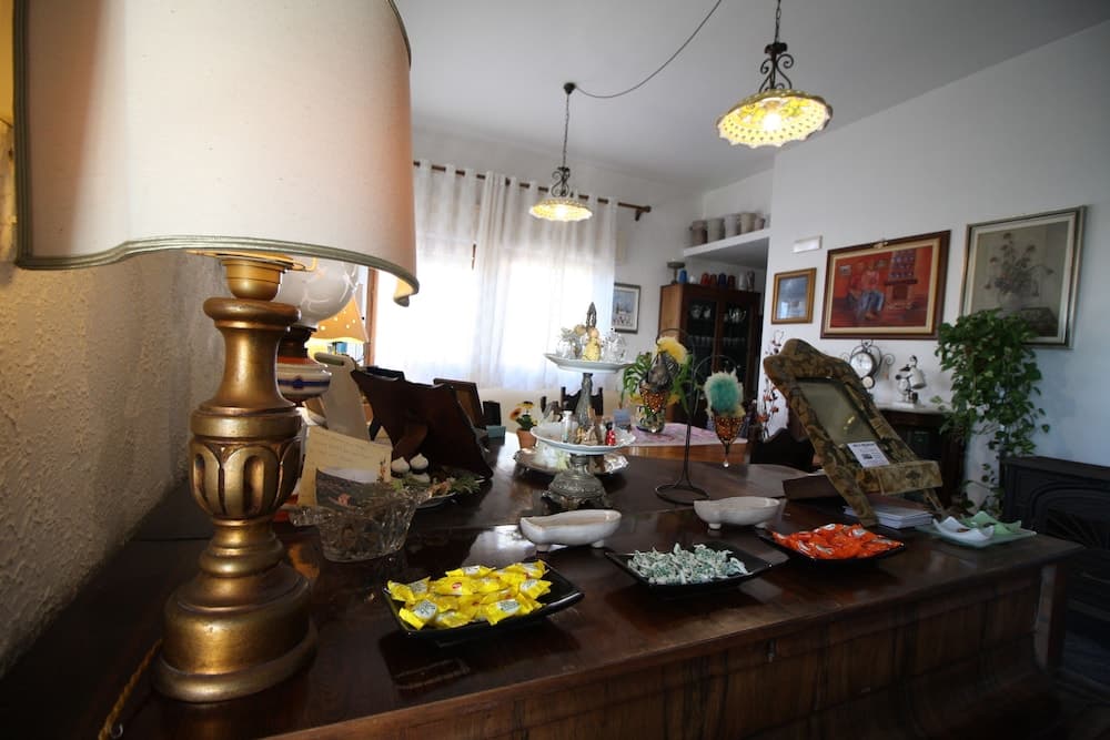 A cozy indoor setting features a warmly lit room with vintage lamps, decorative plates of candies on a wooden table, framed artwork, and potted plants, ideal for travelers seeking a charming and inviting atmosphere in a boutique hotel or guesthouse.