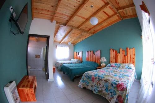 A cozy cabin-style bedroom with wooden ceilings, teal walls, floral bedding, and rustic decor offers a serene retreat for travelers seeking a charming and comfortable stay.