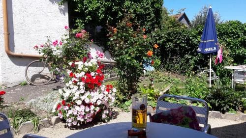 A cozy garden patio adorned with vibrant flowers, a bicycle, and a refreshing beer creates a serene and inviting atmosphere perfect for leisurely travel breaks.
