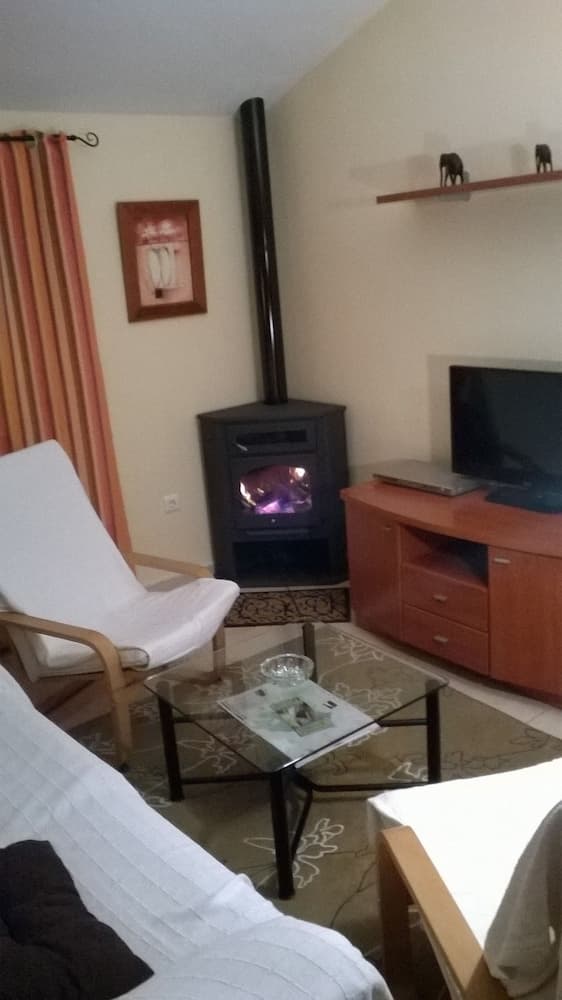 A cozy living room with a warm wood-burning stove, comfortable seating, and a TV setup invites travelers seeking relaxation in a serene indoor retreat.