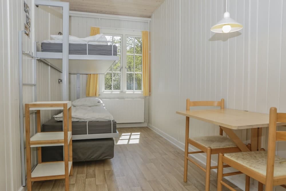 A cozy hostel room with bunk beds, wooden flooring, a small dining table, and bright natural light streaming through the window, ideal for budget travelers seeking comfort and simplicity.