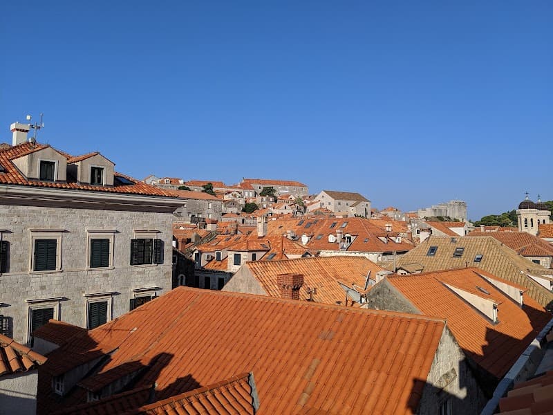 A serene view of Dubrovnik's historic rooftops under a clear blue sky, showcasing the charm of old-world architecture ideal for travelers seeking a picturesque European getaway.