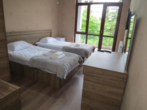 A cozy hotel room with two neatly made beds, wooden furnishings, and a large window offering a serene view of greenery, ideal for travelers seeking comfort and relaxation.
