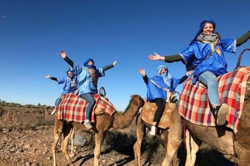 Travelers joyfully ride camels across a desert landscape under a clear blue sky, capturing an adventurous and cultural experience ideal for adventure seekers.
