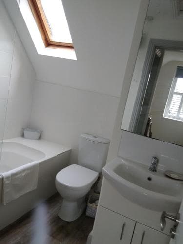 A cozy attic bathroom with white fixtures, a skylight, and wooden flooring offers a serene retreat, ideal for travelers seeking a quaint and private accommodation space.