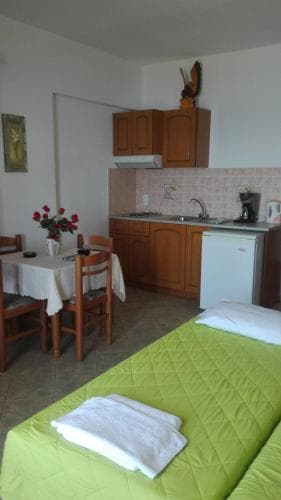 A cozy studio apartment features a compact kitchenette, dining area with red flowers, and a bed with green bedding, ideal for budget-friendly solo travelers seeking comfort in a small space.