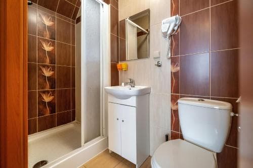 A cozy hotel bathroom features warm-toned tiled walls with floral patterns, a compact white vanity, a shower enclosure, and a toilet, ideal for travelers seeking comfort and functionality in their accommodations.