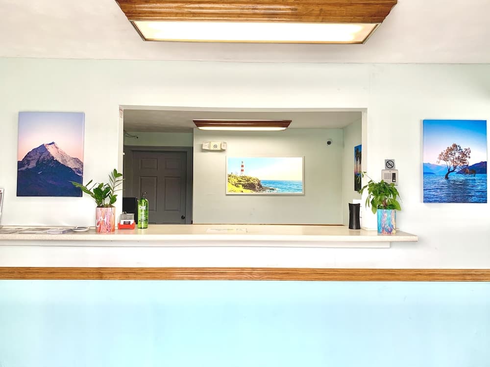 A serene reception area adorned with nature-inspired artwork and potted plants creates a welcoming atmosphere ideal for travelers seeking relaxation and comfort in their accommodations.