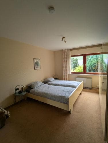 A cozy hotel room with a neatly made double bed, soft carpeting, and a window view of greenery, ideal for travelers seeking comfort and relaxation.
