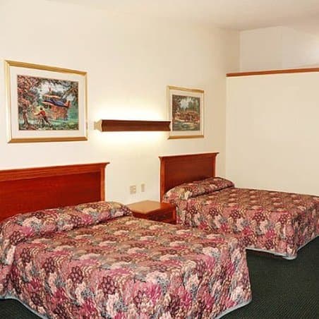 A cozy hotel room features two floral-patterned beds under warm lighting, framed by wall art, ideal for travelers seeking comfort and simplicity.