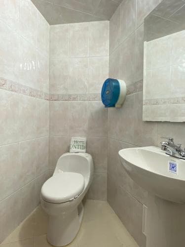 A clean, compact hotel bathroom with tiled walls, a toilet, sink, mirror, and blue soap dispenser creates a functional and hygienic space ideal for travelers seeking basic amenities.