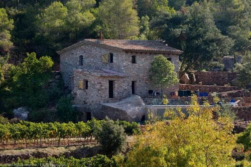 A serene stone farmhouse nestled among lush greenery and vineyards offers a tranquil retreat for travelers seeking rustic charm and natural beauty.