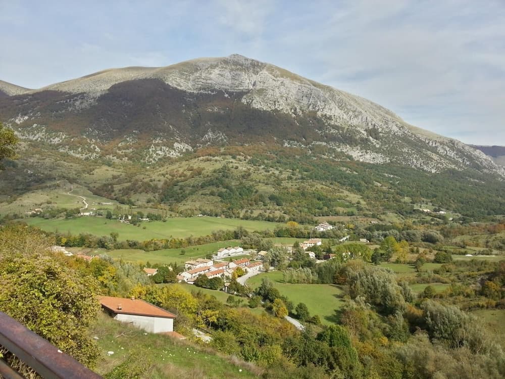 A serene rural landscape unfolds beneath a towering mountain, featuring quaint houses nestled among lush green fields and trees, ideal for tranquil hiking and nature photography adventures.