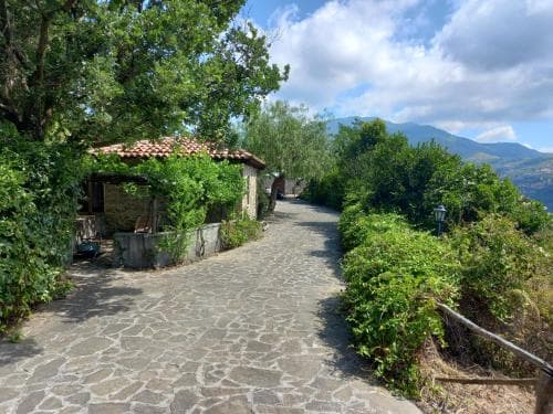 A serene cobblestone path winds through lush greenery past a rustic stone hut with a terracotta roof, ideal for travelers seeking a tranquil countryside retreat amidst mountainous vistas.
