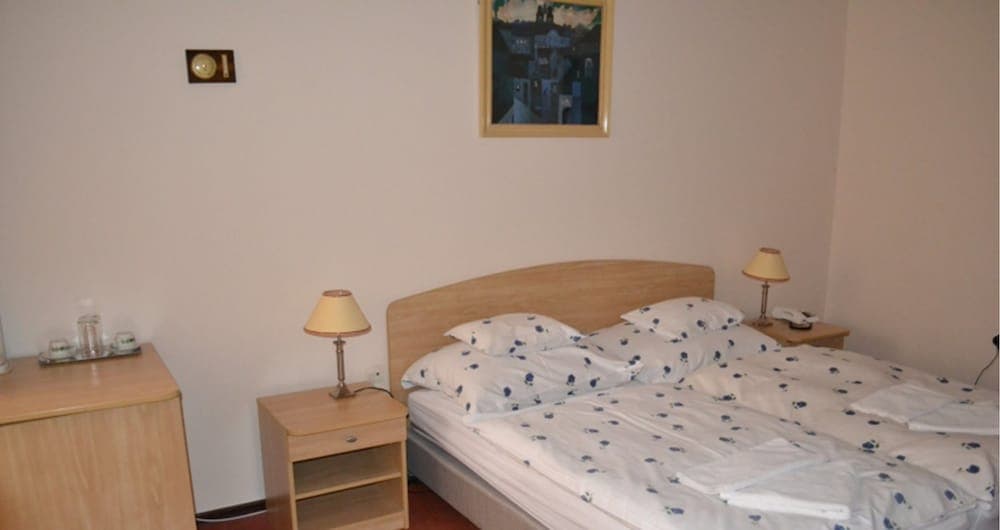 A cozy hotel room features a neatly made bed with blue-patterned linens, wooden bedside tables with lamps, a wall-mounted thermostat, and a framed painting, ideal for travelers seeking a comfortable and simple accommodation.
