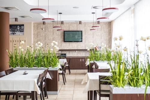A cozy indoor dining area features modern tables draped in white linens, surrounded by lush green plants, under stylish circular pendant lights, ideal for travelers seeking a serene and inviting restaurant experience.