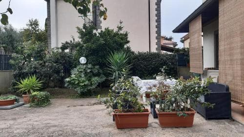 A serene residential patio adorned with lush potted plants and comfortable seating invites travelers seeking a tranquil retreat in an urban garden setting.