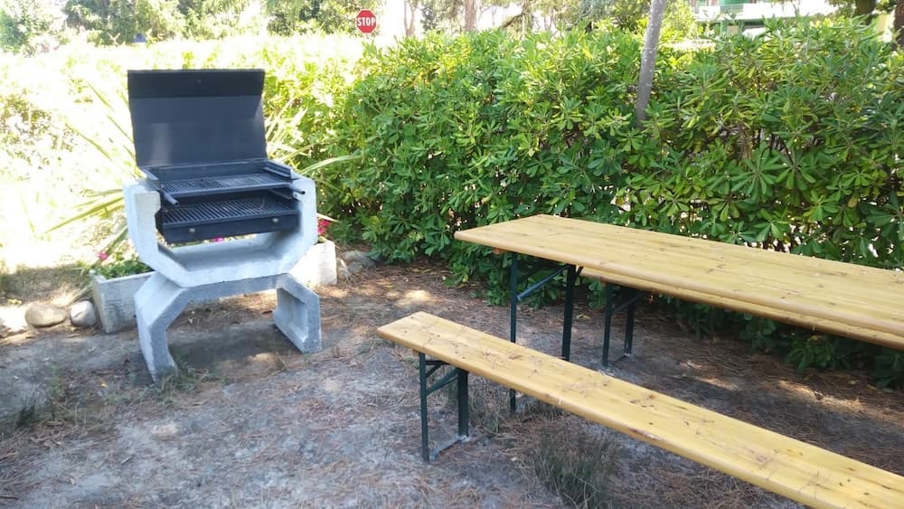 A serene outdoor picnic area features a concrete barbecue grill beside a wooden table and benches, surrounded by lush greenery, ideal for family gatherings or camping trips.