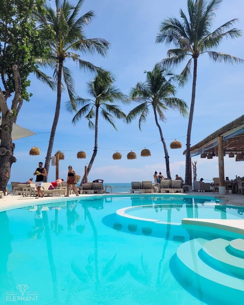 A serene tropical resort scene featuring a vibrant pool surrounded by palm trees, lounge chairs, and a thatched-roof bar, ideal for travelers seeking relaxation on Chaweng Beach in Koh Samui, Thailand.