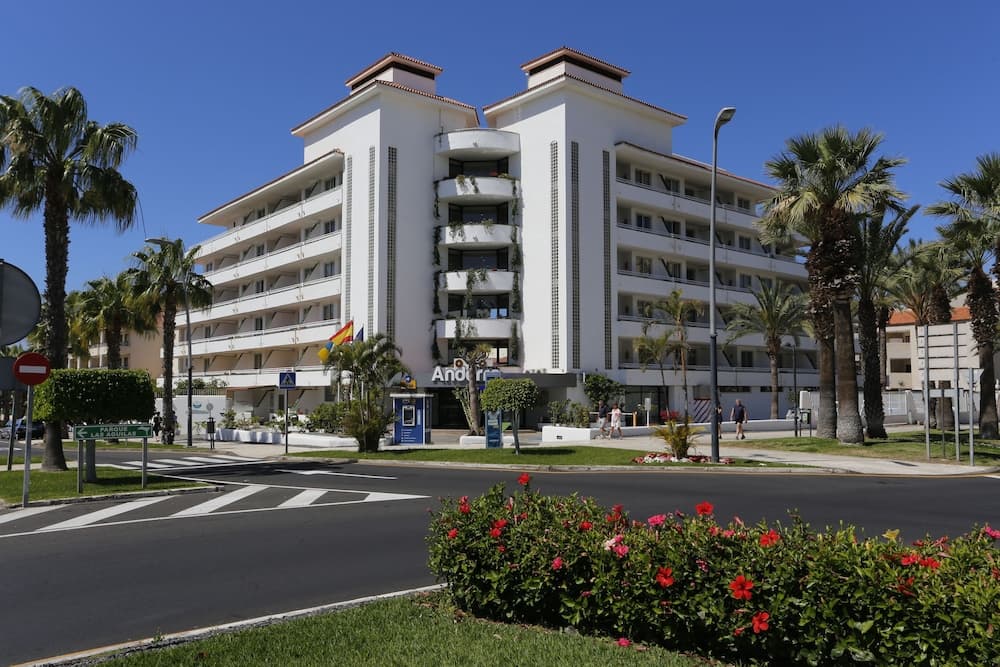 A sunny day at a modern hotel complex surrounded by lush palm trees and vibrant flower beds, ideal for travelers seeking a relaxing tropical getaway.