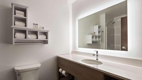 A modern hotel bathroom features a sleek vanity with a large mirror, neatly arranged towels on open shelves, and ambient lighting, creating a clean and inviting atmosphere ideal for travelers seeking comfort and convenience.