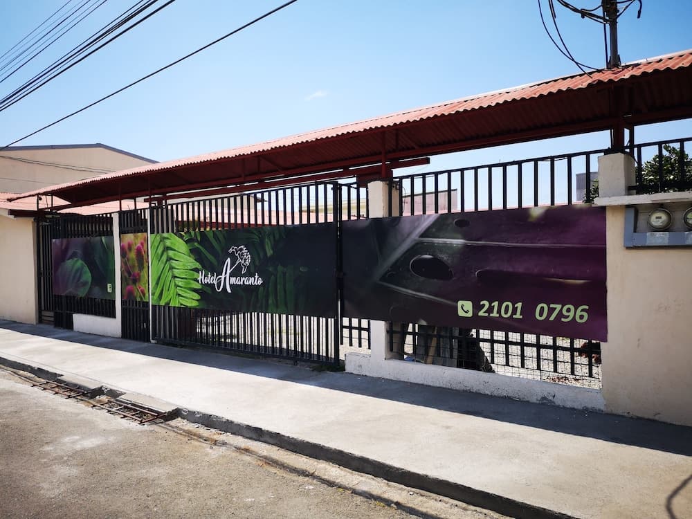 A sunny urban street showcases Hotel Amaranto's gated entrance with vibrant botanical murals, ideal for travelers seeking accommodation in a lively neighborhood.