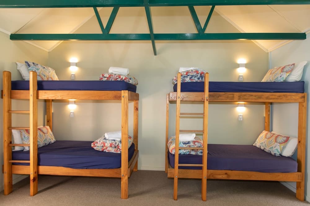 A cozy dormitory-style room features wooden bunk beds with blue mattresses and patterned pillows under a vaulted ceiling with green beams, ideal for budget-friendly group travel accommodations.
