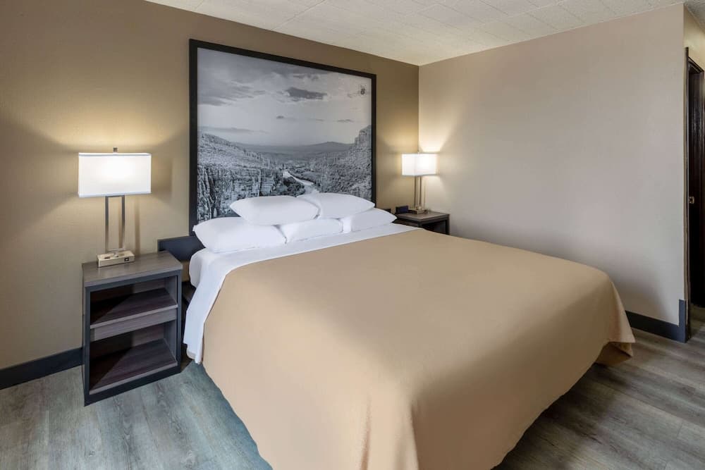 A cozy hotel room features a neatly made bed with beige linens, flanked by modern bedside tables with lamps, under a large black-and-white landscape artwork, ideal for travelers seeking comfort and style.