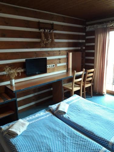 A cozy cabin-style bedroom with wooden walls, a neatly made bed, a desk with a TV, and natural light streaming through a window, ideal for a relaxing getaway in a rustic retreat.