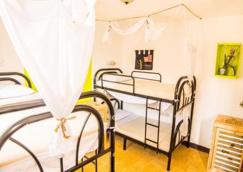 A cozy hostel room with bunk beds adorned by white canopies, vibrant yellow walls, and decorative green accents creates a cheerful and inviting atmosphere ideal for budget travelers seeking a comfortable stay.