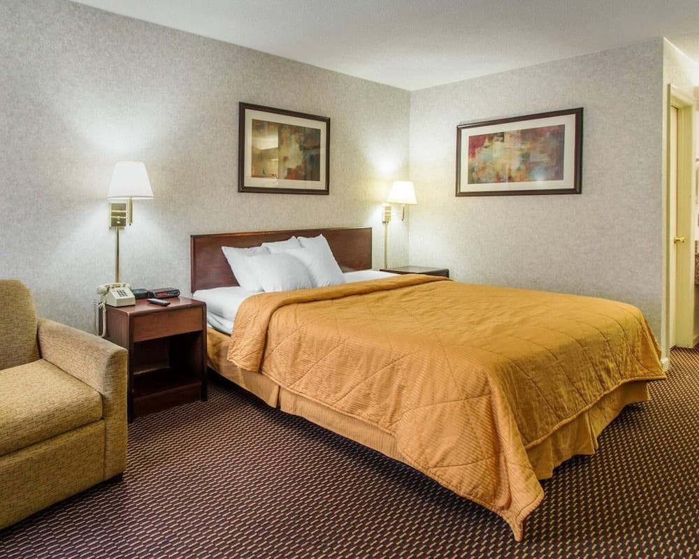 A cozy hotel room features a neatly made bed with a golden quilt, framed artwork on textured walls, and warm lighting, ideal for travelers seeking comfort and relaxation.