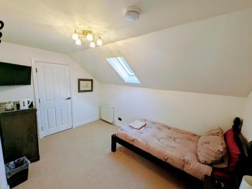 A cozy attic bedroom with a slanted ceiling, skylight, and simple furnishings offers a serene retreat for travelers seeking a quiet stay.