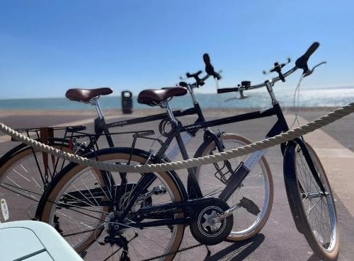Three bicycles parked by a rope barrier overlook the serene ocean under a clear blue sky, creating a tranquil seaside promenade scene ideal for leisurely coastal rides.