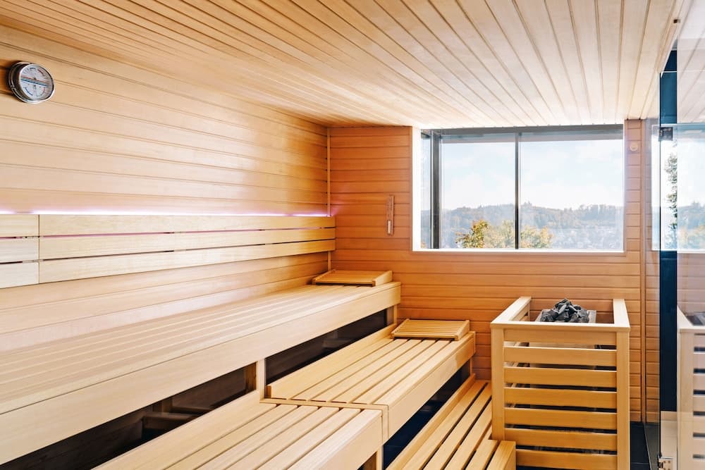 A serene wooden sauna with tiered benches, a thermometer, and a scenic window view offers a relaxing retreat for wellness enthusiasts.