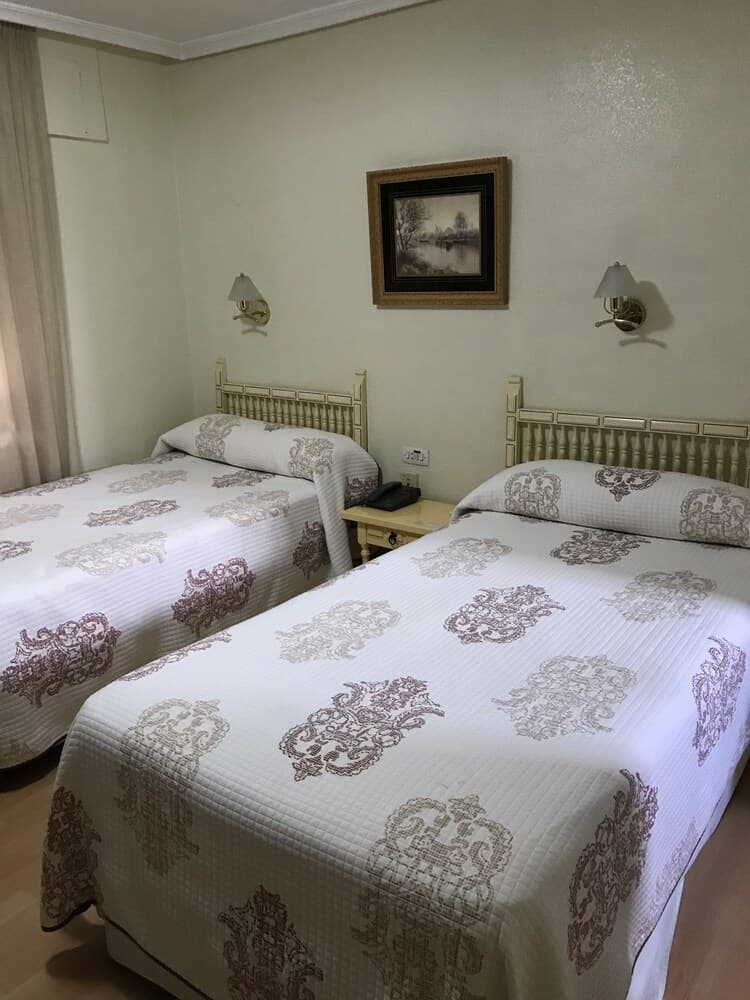 A cozy hotel room features two neatly made beds with ornate patterned bedding, a small wooden nightstand, wall-mounted lamps, and a framed landscape painting, ideal for travelers seeking comfort and simplicity.