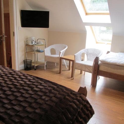 A cozy attic bedroom with wooden floors, wicker chairs, a small table, and skylights offers a serene retreat, ideal for travelers seeking a peaceful stay in a quaint lodge.