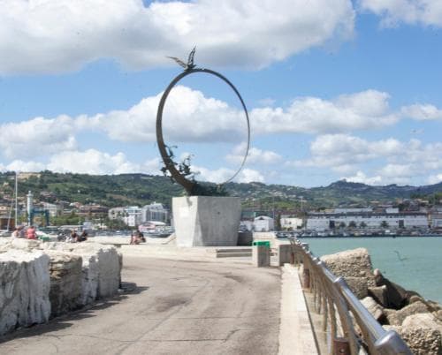A serene coastal promenade features a striking circular sculpture overlooking the harbor, surrounded by lush hills under a partly cloudy sky, ideal for leisurely walks and scenic photography.