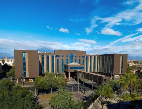 A modern multi-story building with blue-tinted windows stands prominently under a vibrant blue sky, surrounded by lush greenery and palm trees, ideal for travelers seeking urban accommodations in a serene environment.