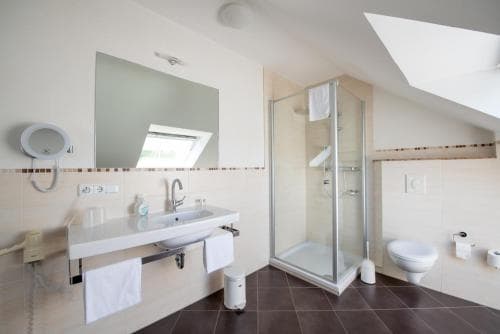 A modern, spacious bathroom with a sleek shower enclosure, large mirror, and skylight offers a serene and functional space ideal for travelers seeking comfort in accommodations.