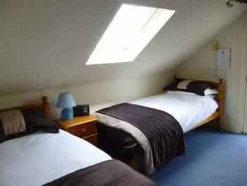 A cozy attic bedroom with two neatly arranged beds under a skylight, featuring simple decor and a calm ambiance, ideal for travelers seeking a quiet and comfortable stay.