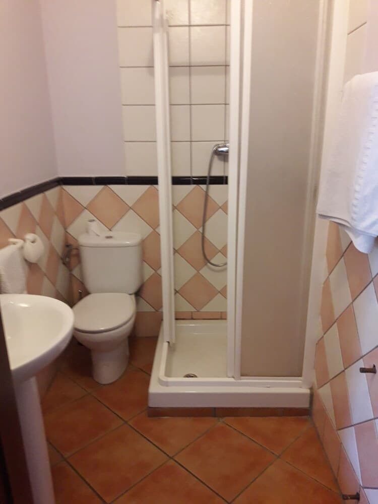 A cozy hotel bathroom features a compact shower stall, white toilet, sink, and terracotta-tiled floor, ideal for travelers seeking efficient and clean accommodations.