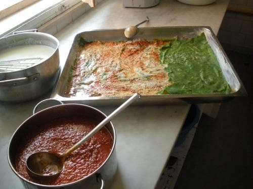 A cozy kitchen scene featuring a tray of freshly baked lasagna and pots of vibrant tomato sauce, ideal for culinary enthusiasts exploring authentic home-cooked meals.