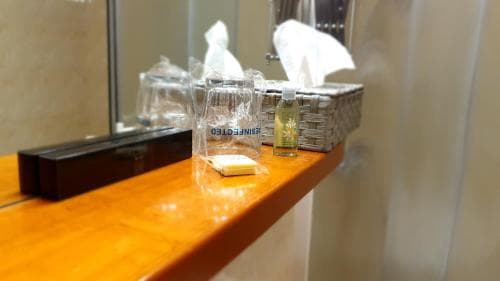 A cozy hotel bathroom countertop features neatly arranged toiletries, a mirror, and a soap dispenser, creating a welcoming atmosphere ideal for travelers seeking comfort and convenience.