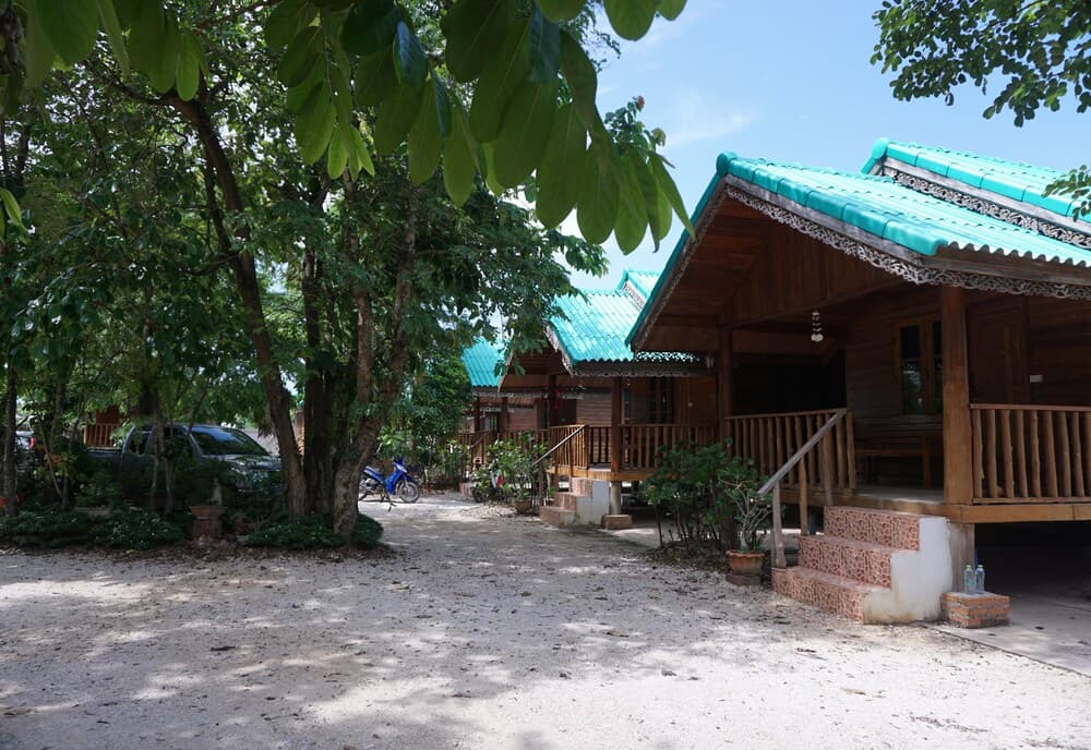 A serene tropical resort features wooden bungalows with turquoise roofs nestled among lush greenery, ideal for travelers seeking a peaceful getaway.