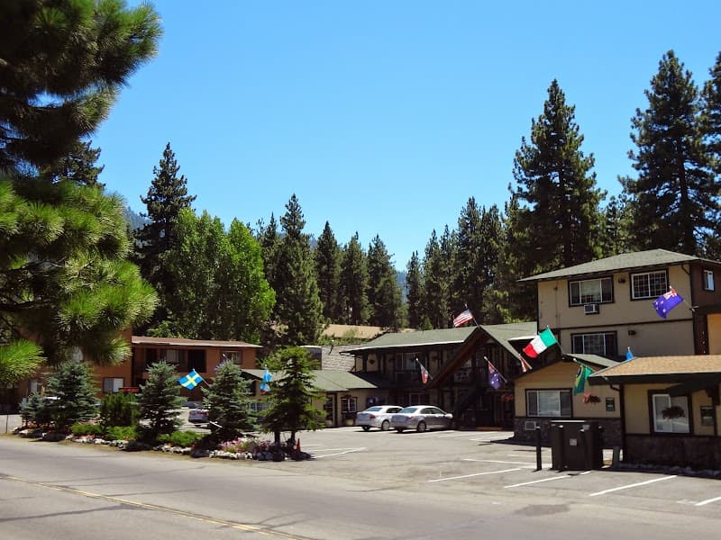 A serene lodge surrounded by lush pine trees under a clear blue sky, adorned with colorful flags, offers a cozy retreat in South Lake Tahoe, ideal for travelers seeking relaxation and natural beauty.