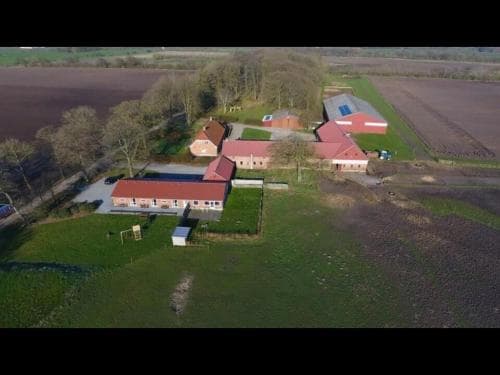 An aerial view of a serene rural farm complex surrounded by open fields, featuring red-roofed buildings, a tranquil atmosphere, and ideal for countryside retreats or agricultural tourism.